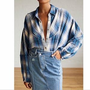 Free People Women’s Kyoto Plaid Button Down Shirt in Blue and White Oversized